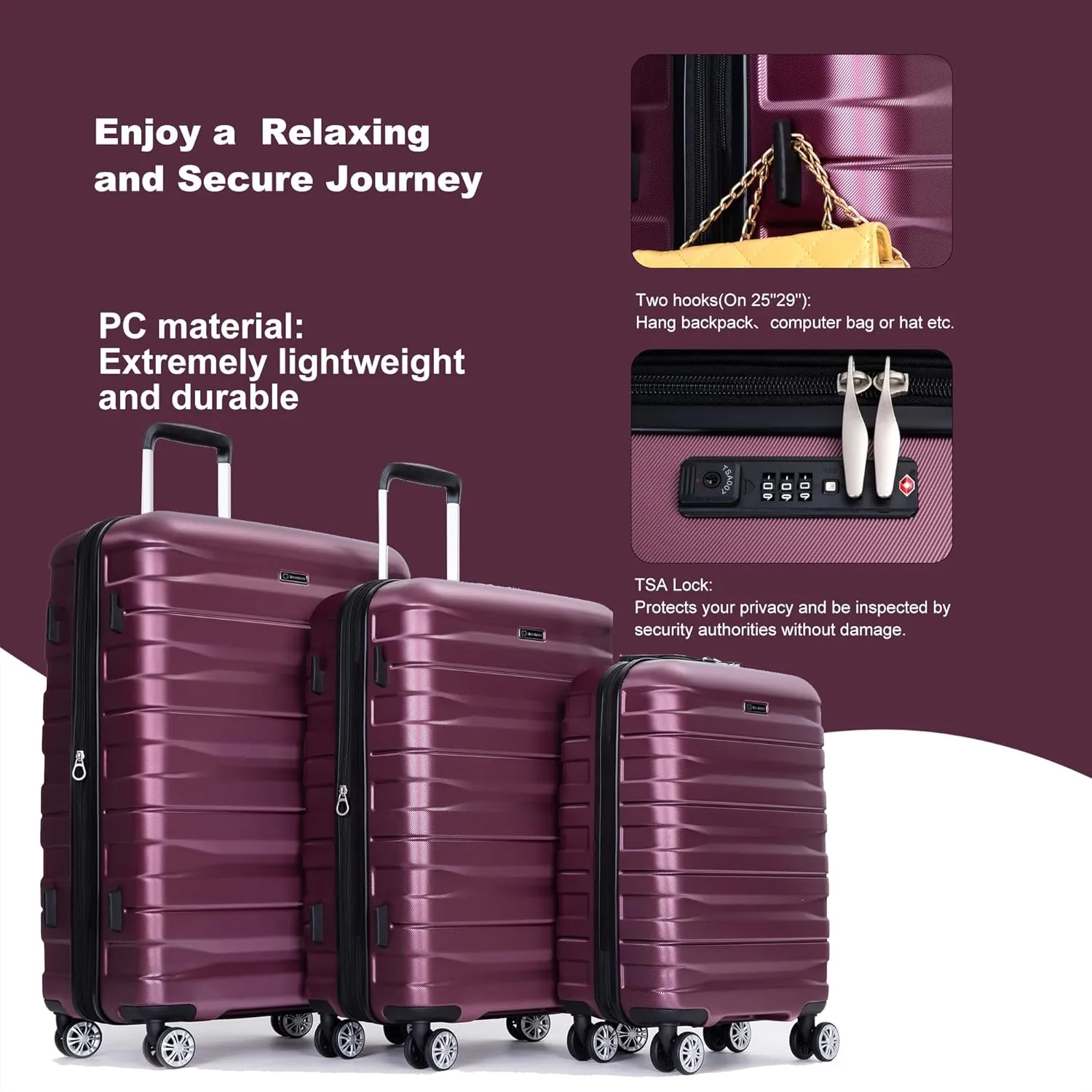 Lightweight 3-Piece PC Luggage Set - Expandable Suitcase Set Durable Suitcase Set with TSA Lock and Telescoping Handle - Double Spinner Wheels, 21'' / 25'' / 29'' (Red)