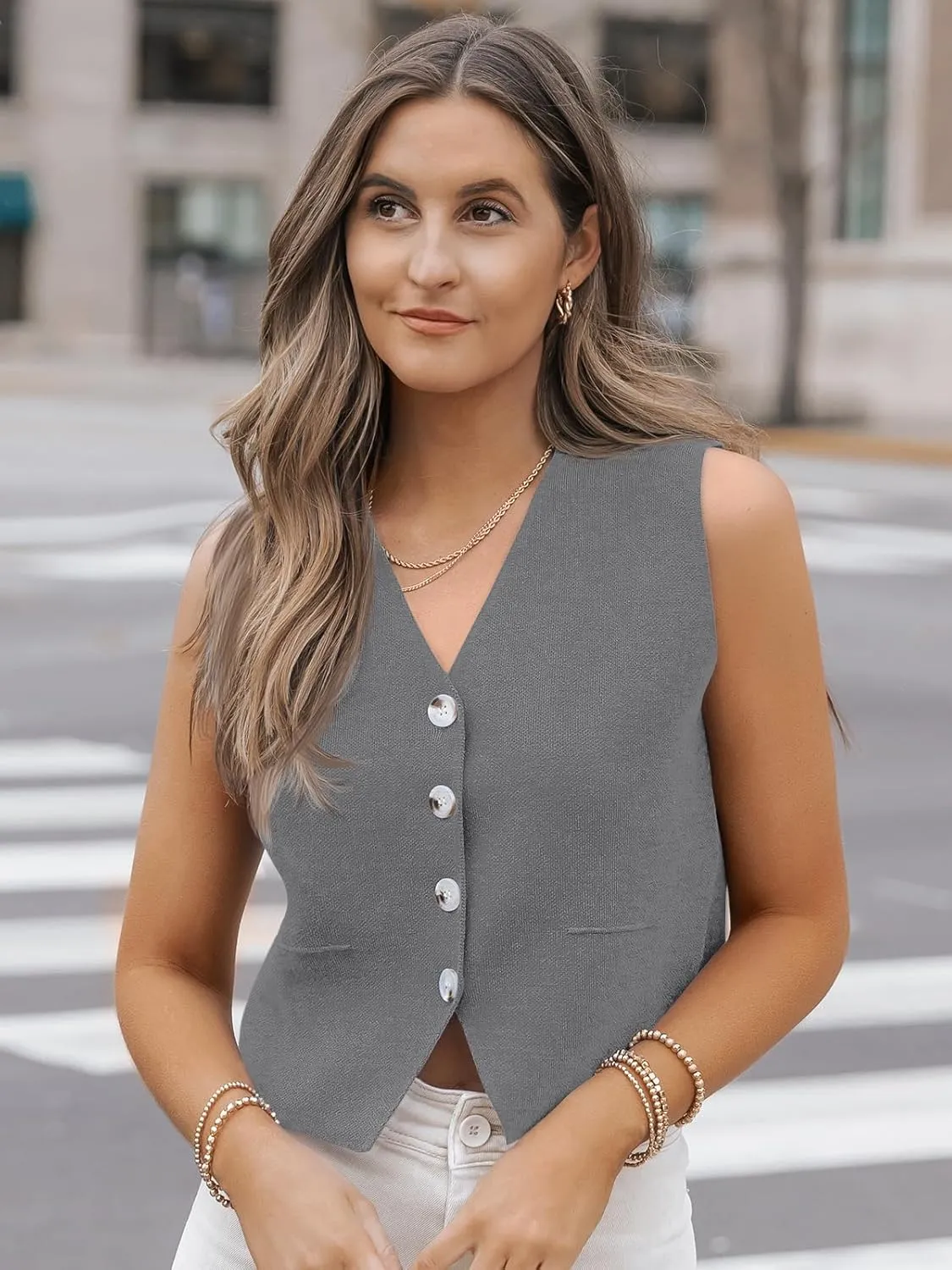 LILLUSORY Sweater Vest Women Dressy Button Up Sweater Tank Tops 2024 Knit Work Business Casual Outfits