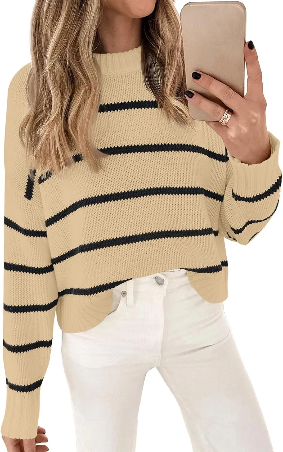 LILLUSORY Womens Cropped Striped Sweater Casual Pullover Ribbed Knit Cute Crewneck Sweaters