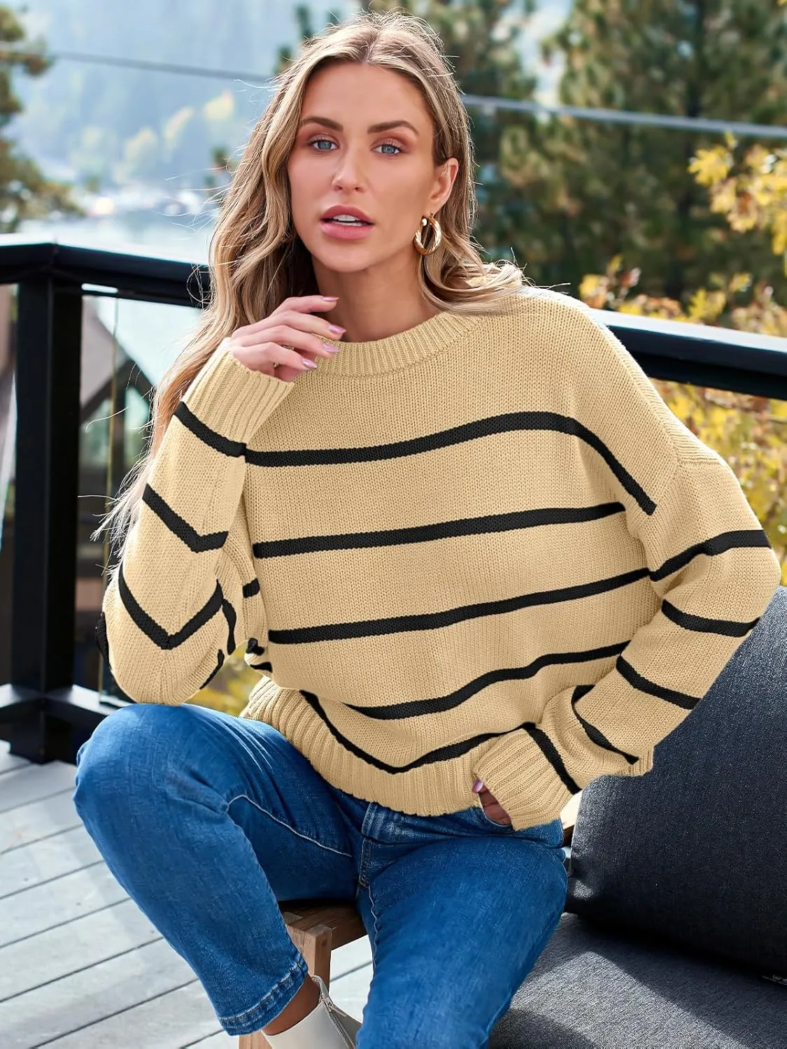 LILLUSORY Womens Cropped Striped Sweater Casual Pullover Ribbed Knit Cute Crewneck Sweaters