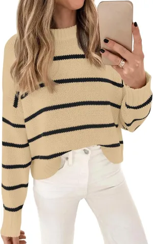 LILLUSORY Womens Cropped Striped Sweater Casual Pullover Ribbed Knit Cute Crewneck Sweaters