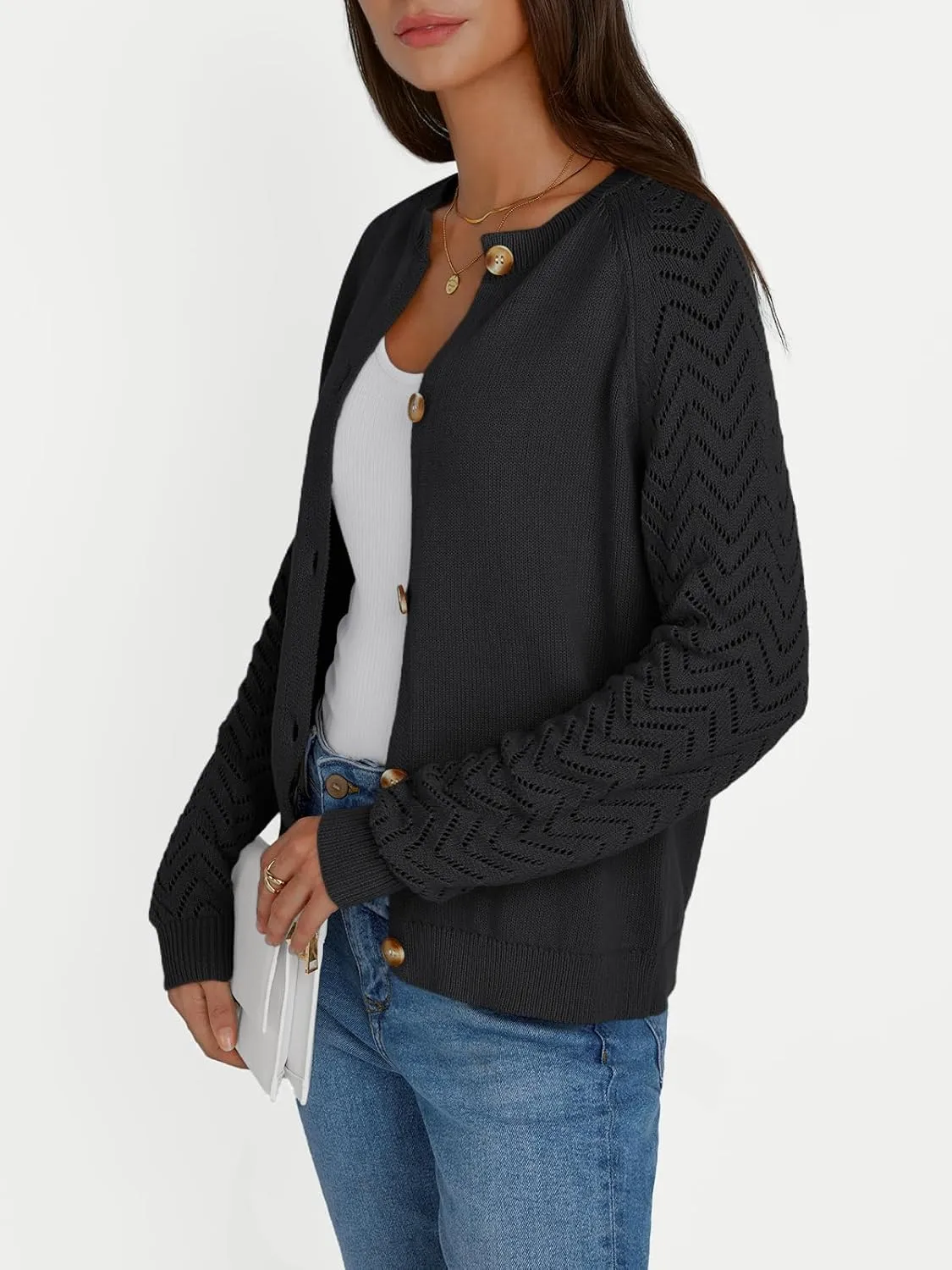LILLUSORY Womens Hollowed-Out Crochet Cardigan Sweaters Soft Knit Lightweight Slightly Cropped Sweater