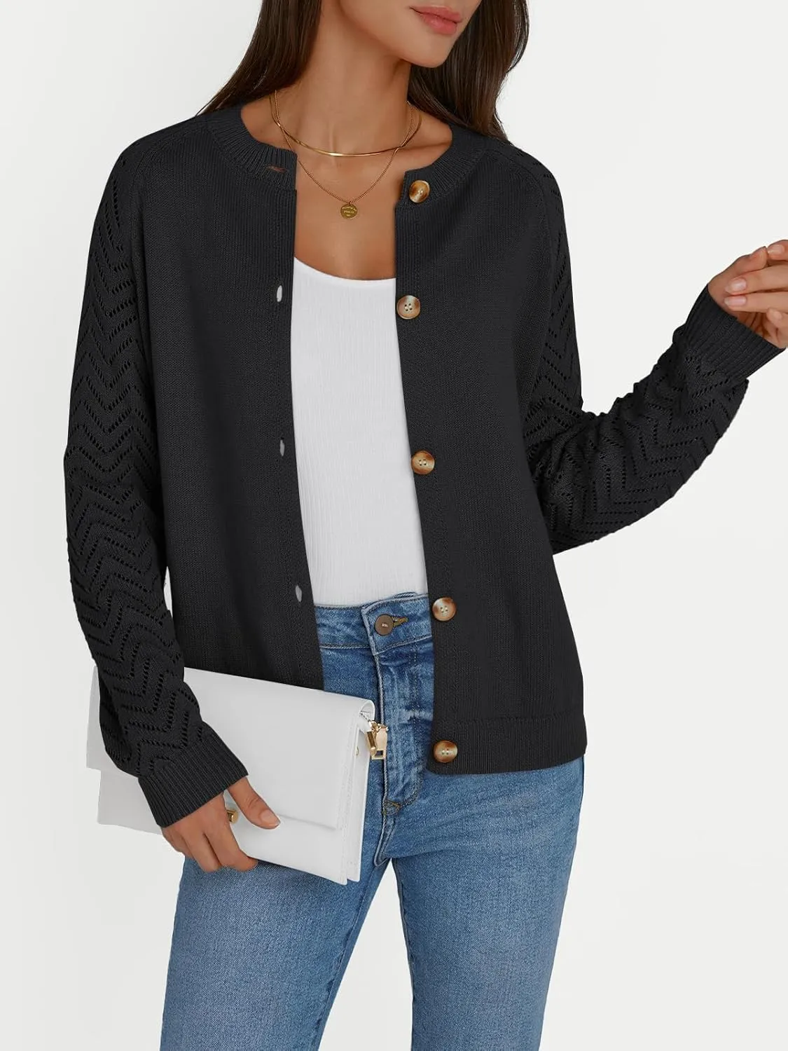 LILLUSORY Womens Hollowed-Out Crochet Cardigan Sweaters Soft Knit Lightweight Slightly Cropped Sweater