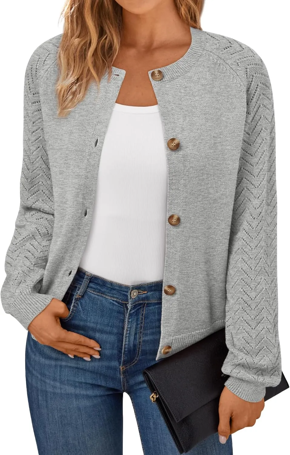 LILLUSORY Womens Hollowed-Out Crochet Cardigan Sweaters Soft Knit Lightweight Slightly Cropped Sweater