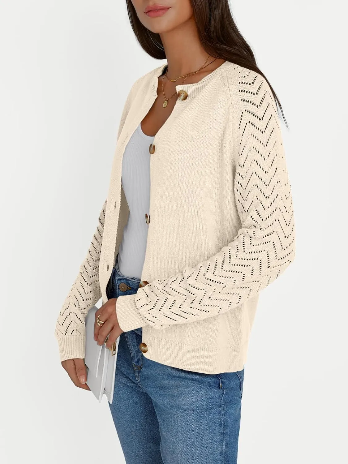 LILLUSORY Womens Hollowed-Out Crochet Cardigan Sweaters Soft Knit Lightweight Slightly Cropped Sweater