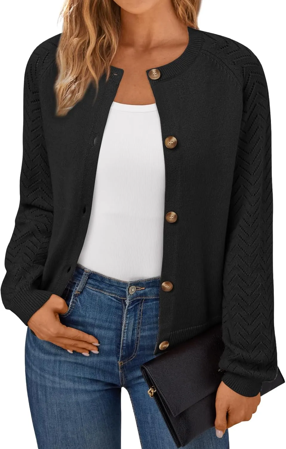 LILLUSORY Womens Hollowed-Out Crochet Cardigan Sweaters Soft Knit Lightweight Slightly Cropped Sweater