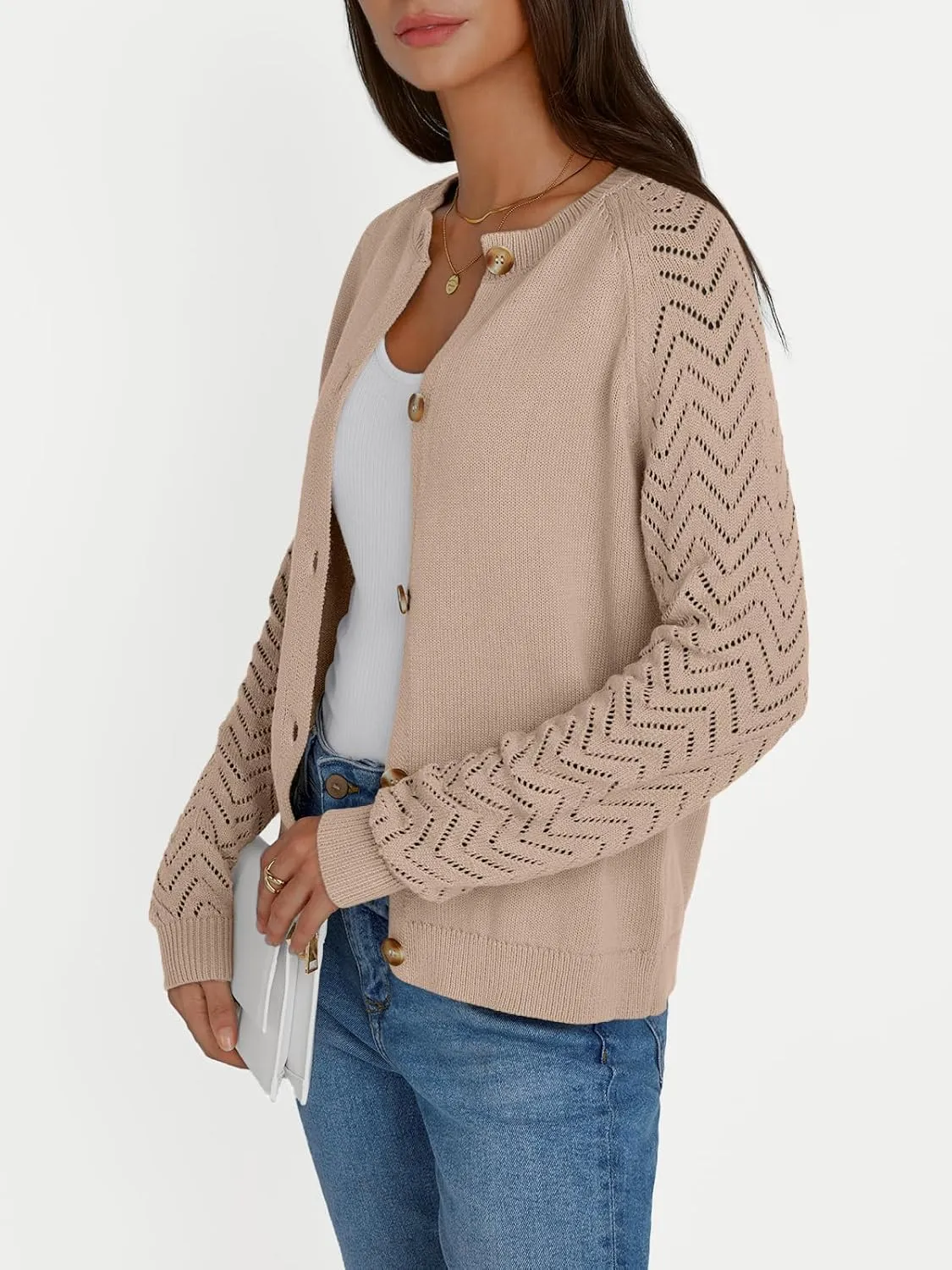 LILLUSORY Womens Hollowed-Out Crochet Cardigan Sweaters Soft Knit Lightweight Slightly Cropped Sweater