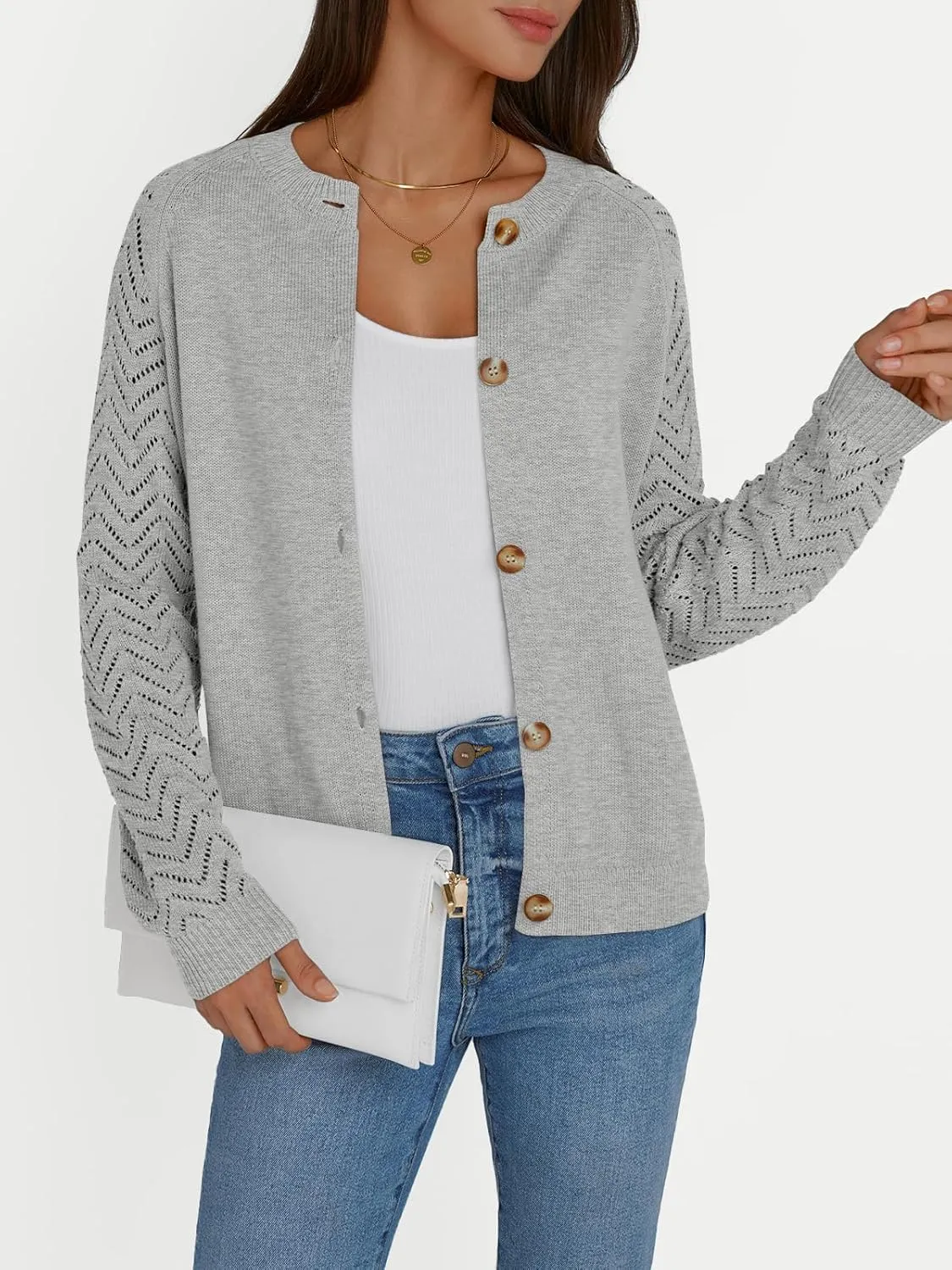 LILLUSORY Womens Hollowed-Out Crochet Cardigan Sweaters Soft Knit Lightweight Slightly Cropped Sweater