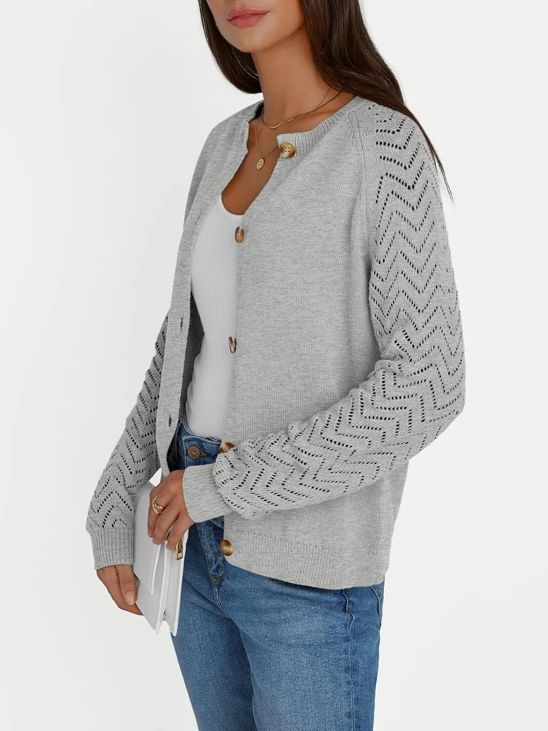 LILLUSORY Womens Hollowed-Out Crochet Cardigan Sweaters Soft Knit Lightweight Slightly Cropped Sweater