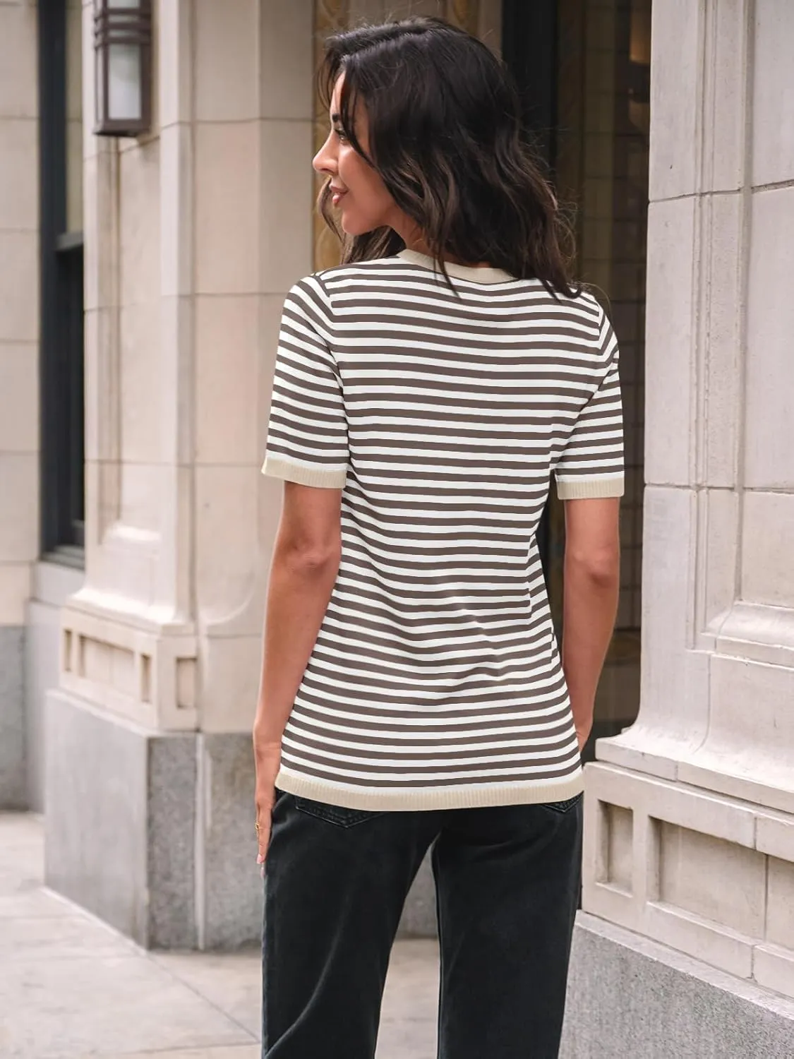 LILLUSORY Womens Striped Short Sleeve Sweater Pullover Shirts with Chest Pocket