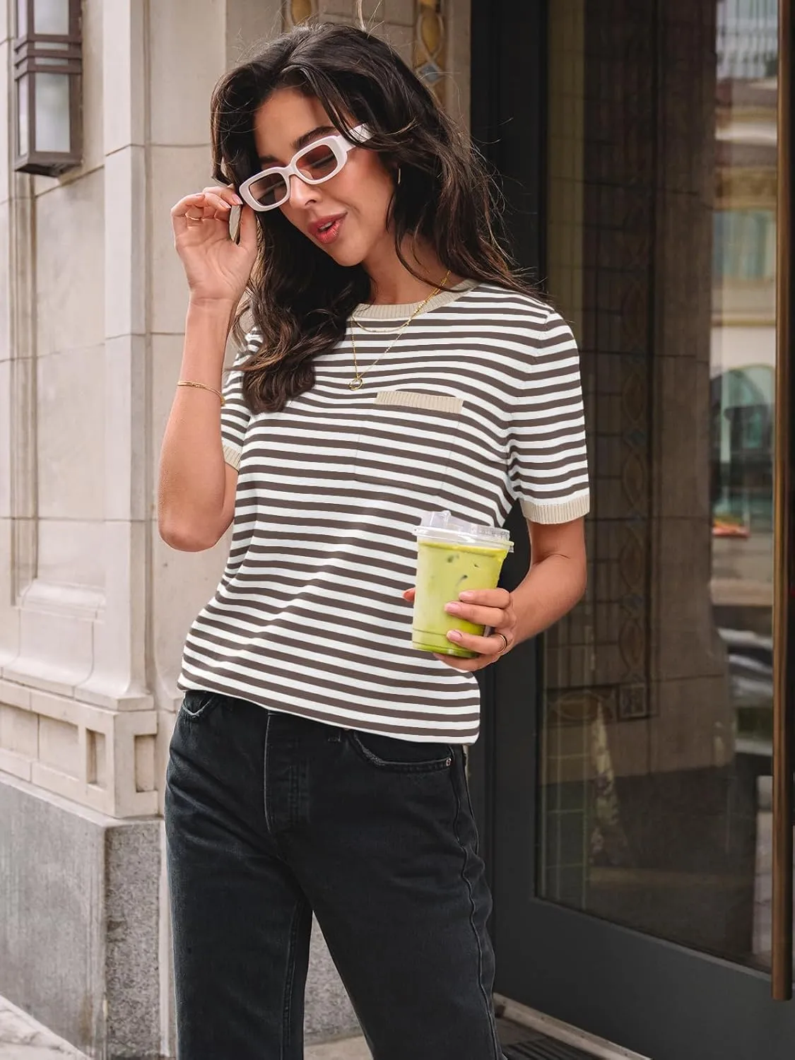 LILLUSORY Womens Striped Short Sleeve Sweater Pullover Shirts with Chest Pocket