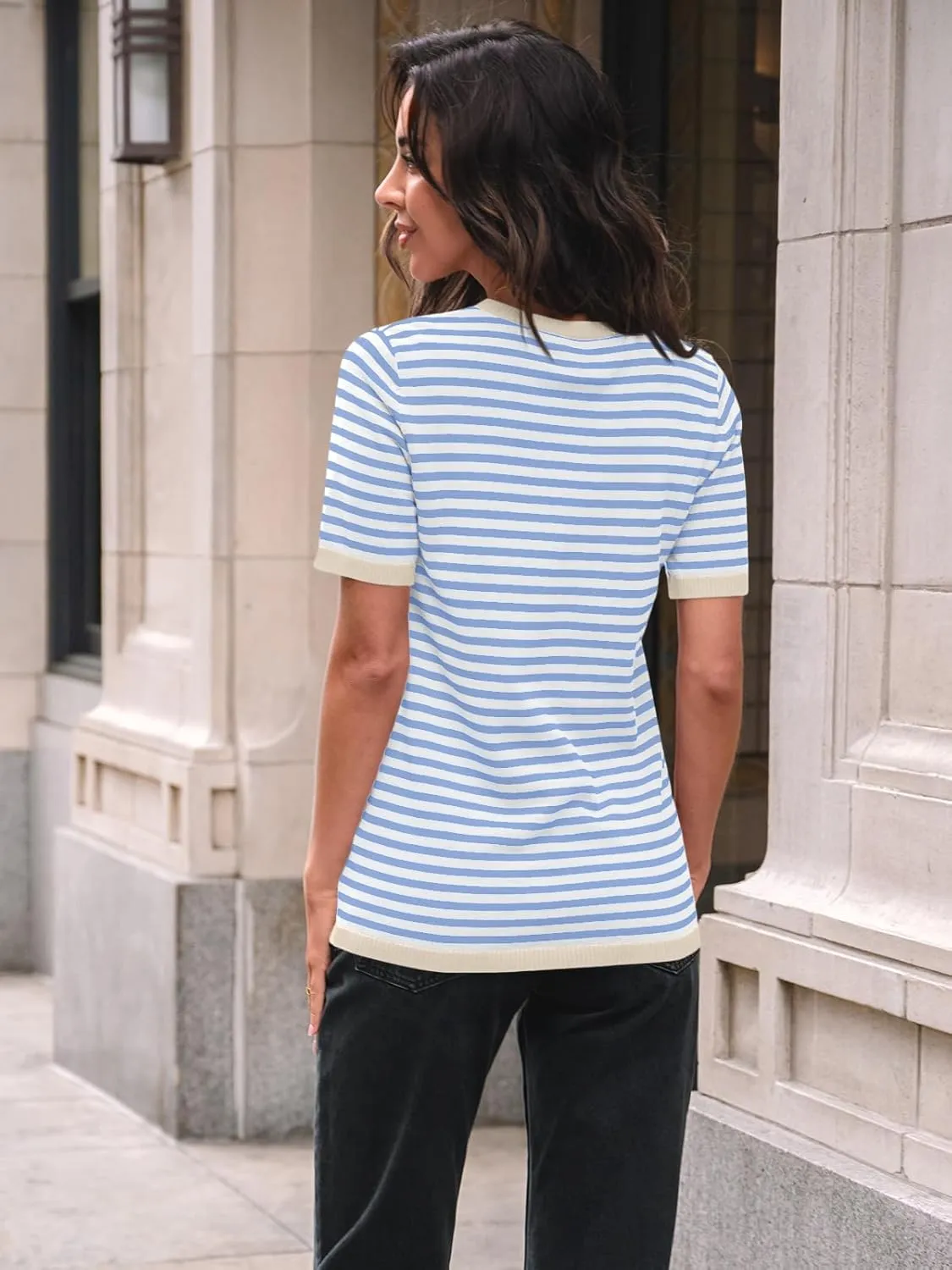 LILLUSORY Womens Striped Short Sleeve Sweater Pullover Shirts with Chest Pocket
