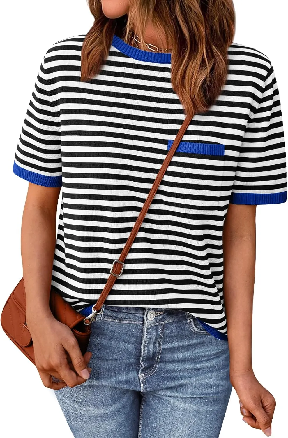 LILLUSORY Womens Striped Short Sleeve Sweater Pullover Shirts with Chest Pocket