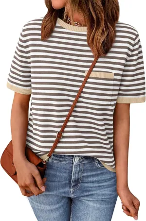 LILLUSORY Womens Striped Short Sleeve Sweater Pullover Shirts with Chest Pocket