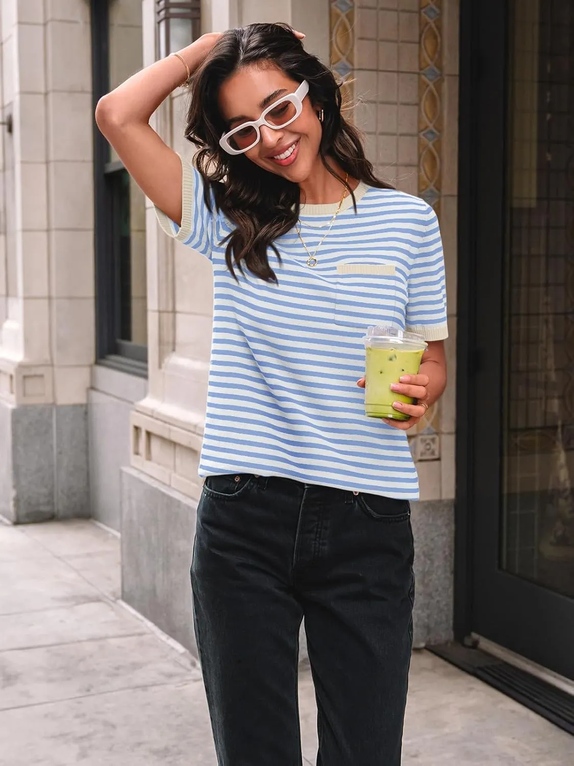 LILLUSORY Womens Striped Short Sleeve Sweater Pullover Shirts with Chest Pocket