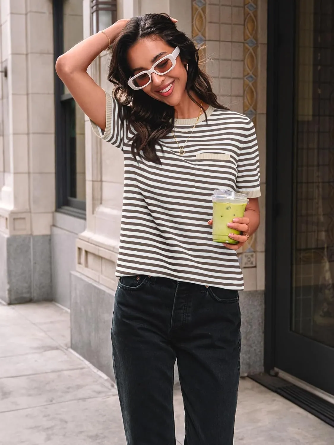 LILLUSORY Womens Striped Short Sleeve Sweater Pullover Shirts with Chest Pocket