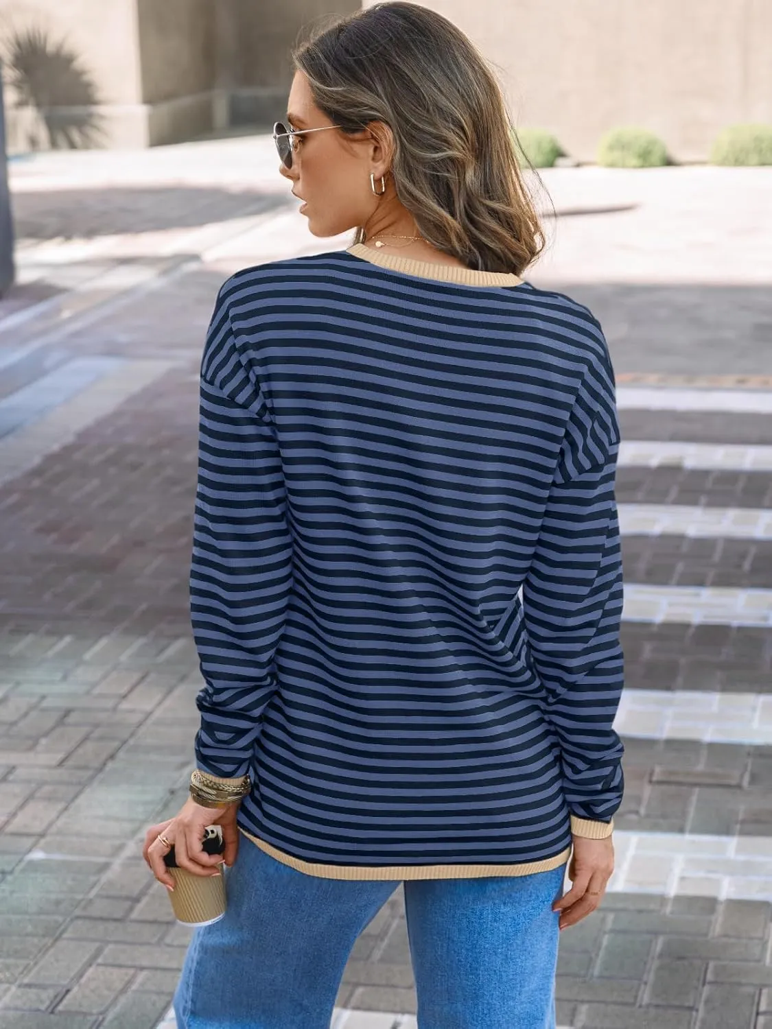 LILLUSORY Womens Striped Soft Knit Pullover Sweater Loose Fit Shirts with Chest Pocket