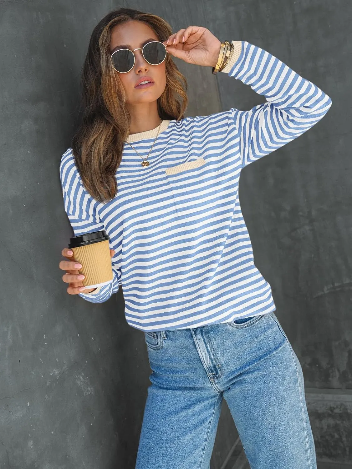 LILLUSORY Womens Striped Soft Knit Pullover Sweater Loose Fit Shirts with Chest Pocket
