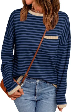 LILLUSORY Womens Striped Soft Knit Pullover Sweater Loose Fit Shirts with Chest Pocket
