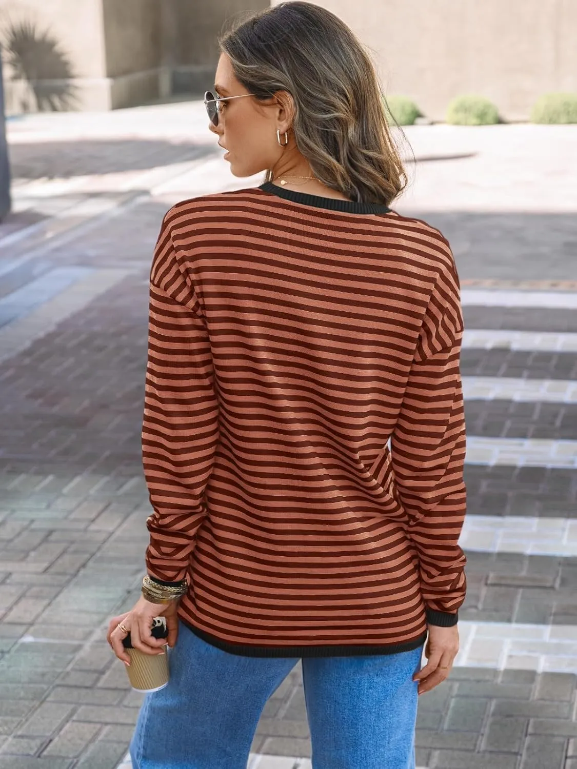 LILLUSORY Womens Striped Soft Knit Pullover Sweater Loose Fit Shirts with Chest Pocket