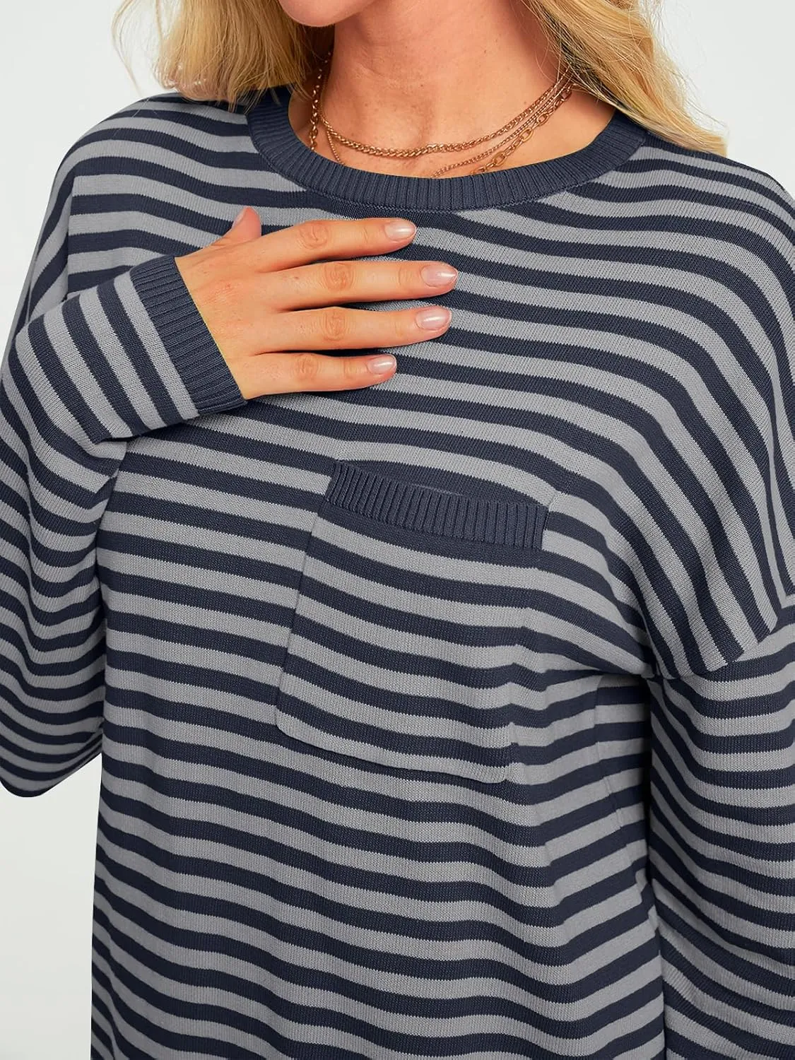 LILLUSORY Womens Striped Soft Knit Pullover Sweater Loose Fit Shirts with Chest Pocket