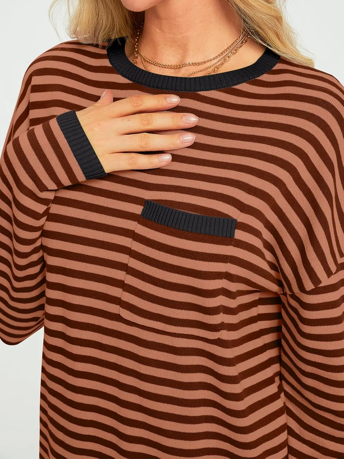 LILLUSORY Womens Striped Soft Knit Pullover Sweater Loose Fit Shirts with Chest Pocket