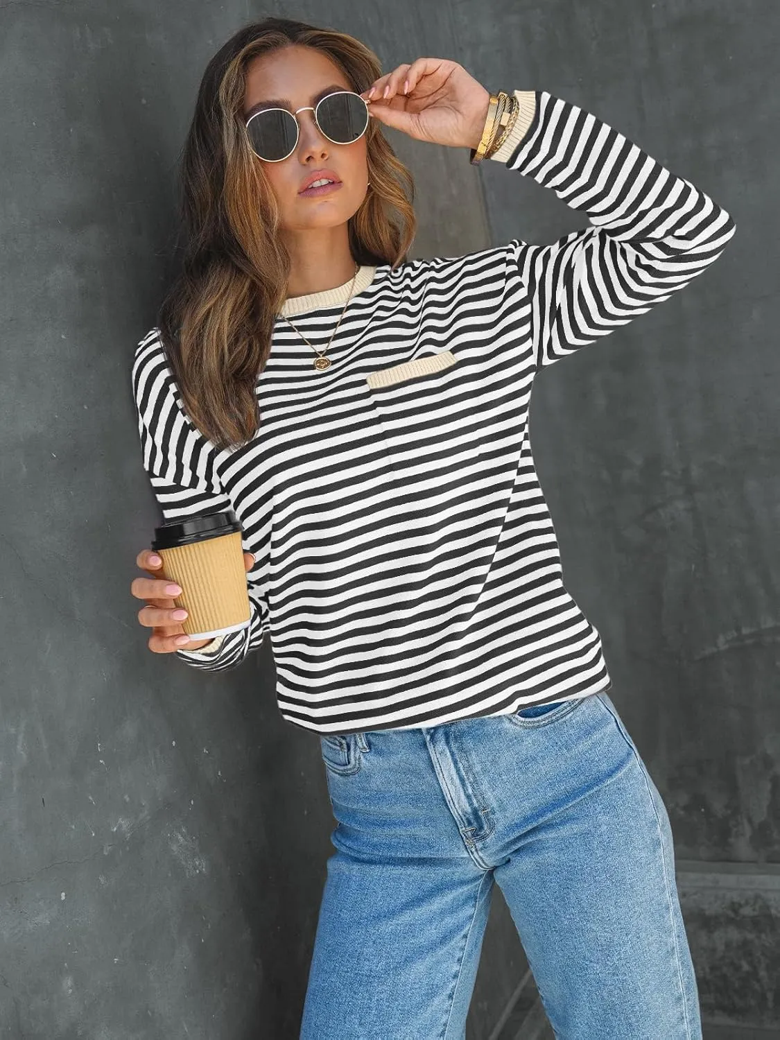LILLUSORY Womens Striped Soft Knit Pullover Sweater Loose Fit Shirts with Chest Pocket