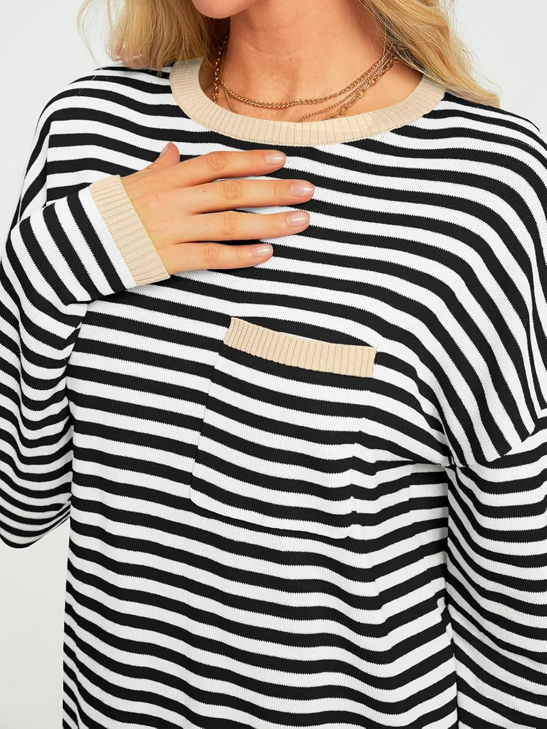LILLUSORY Womens Striped Soft Knit Pullover Sweater Loose Fit Shirts with Chest Pocket