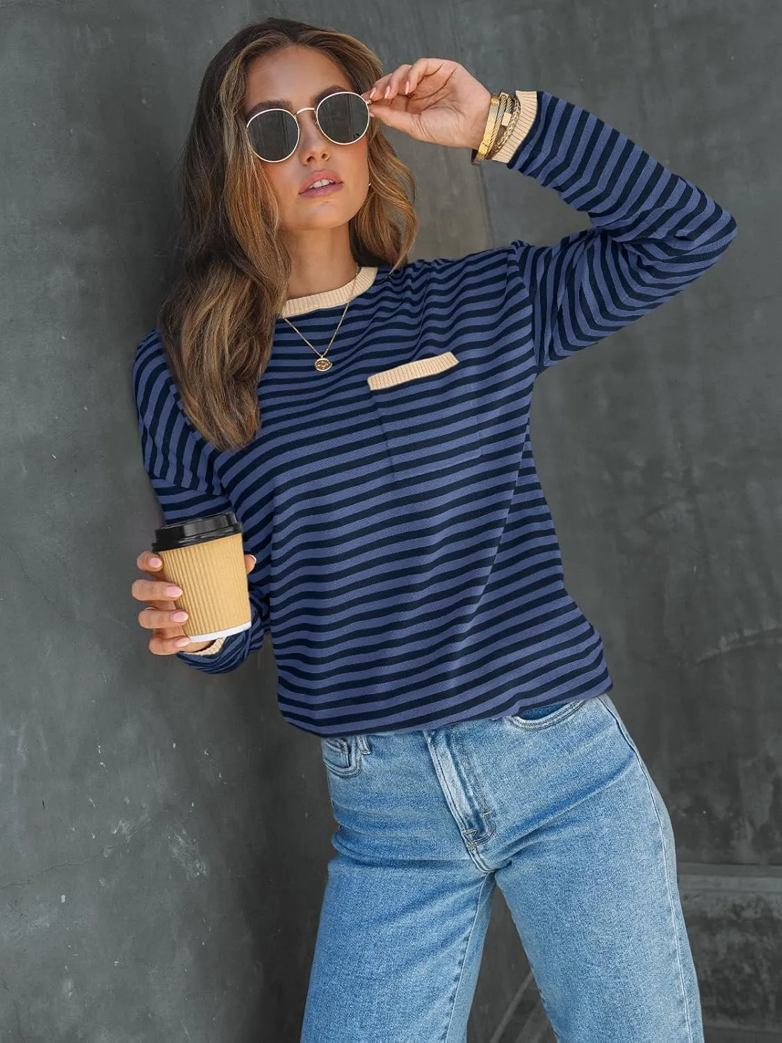 LILLUSORY Womens Striped Soft Knit Pullover Sweater Loose Fit Shirts with Chest Pocket