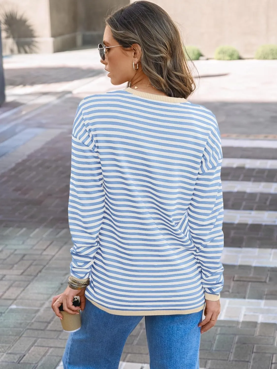 LILLUSORY Womens Striped Soft Knit Pullover Sweater Loose Fit Shirts with Chest Pocket