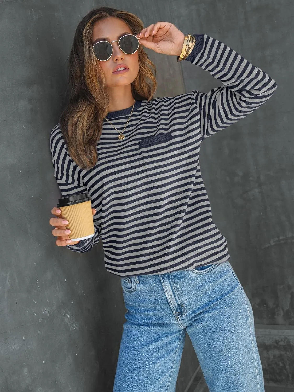 LILLUSORY Womens Striped Soft Knit Pullover Sweater Loose Fit Shirts with Chest Pocket
