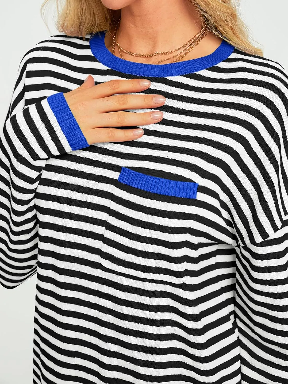 LILLUSORY Womens Striped Soft Knit Pullover Sweater Loose Fit Shirts with Chest Pocket