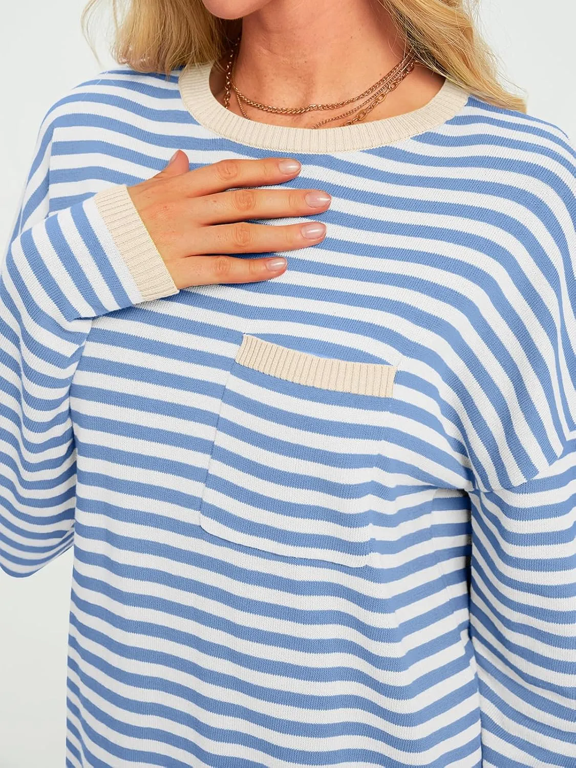 LILLUSORY Womens Striped Soft Knit Pullover Sweater Loose Fit Shirts with Chest Pocket
