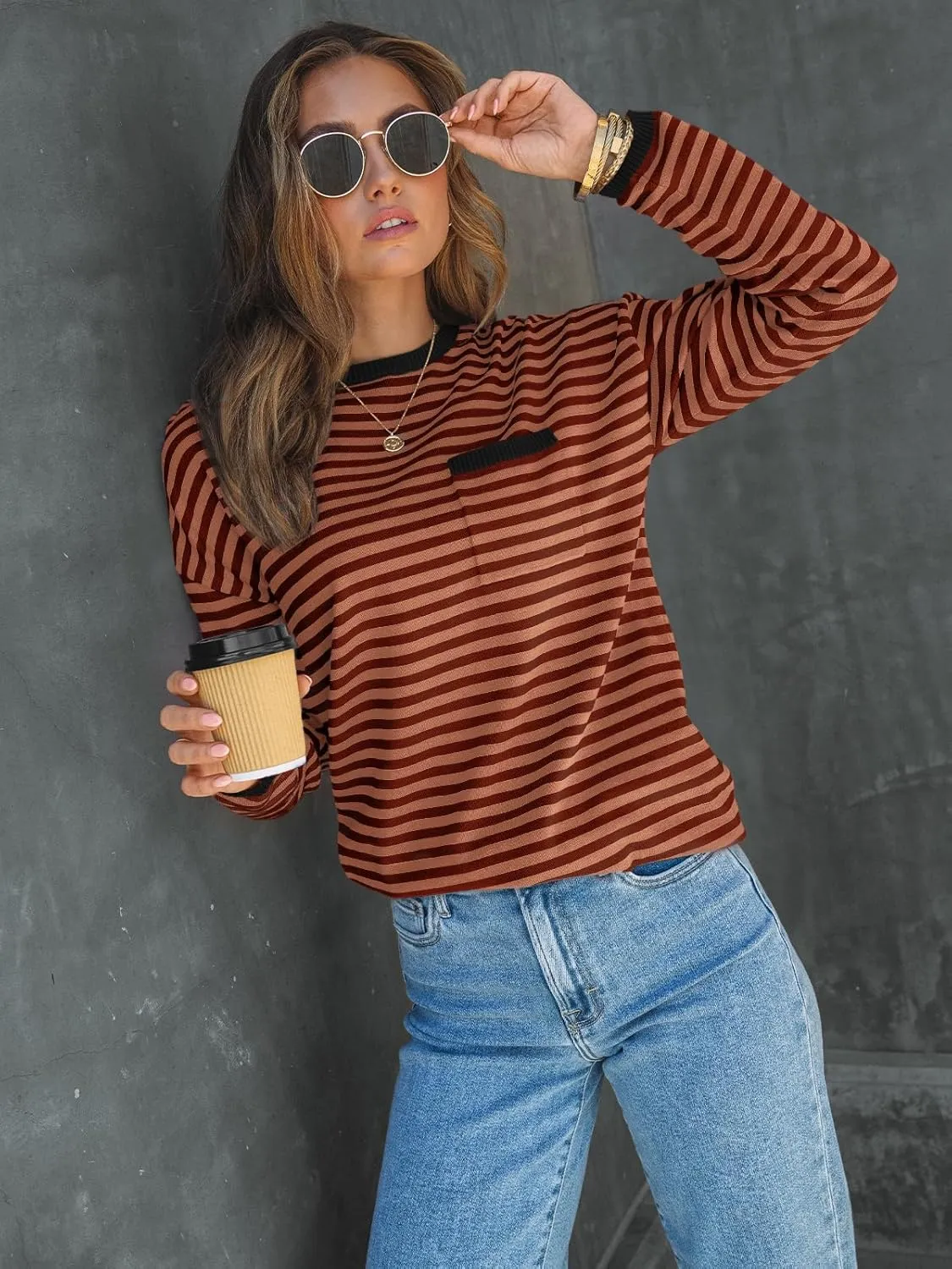LILLUSORY Womens Striped Soft Knit Pullover Sweater Loose Fit Shirts with Chest Pocket
