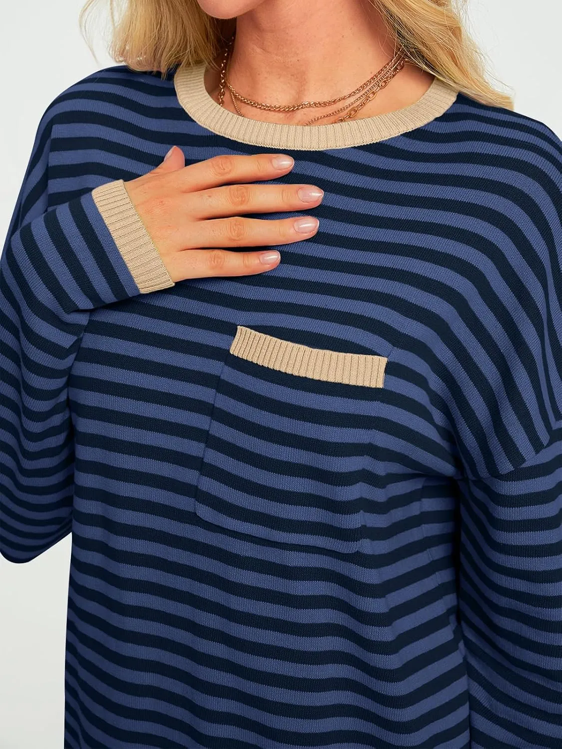 LILLUSORY Womens Striped Soft Knit Pullover Sweater Loose Fit Shirts with Chest Pocket