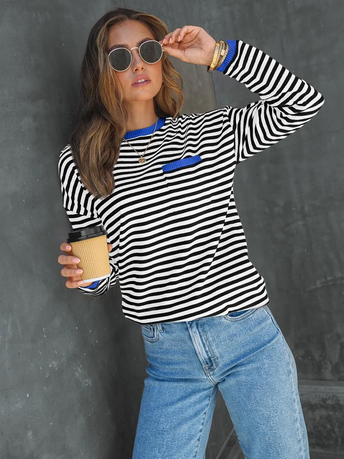 LILLUSORY Womens Striped Soft Knit Pullover Sweater Loose Fit Shirts with Chest Pocket