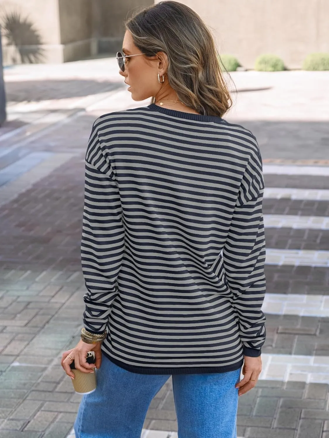 LILLUSORY Womens Striped Soft Knit Pullover Sweater Loose Fit Shirts with Chest Pocket