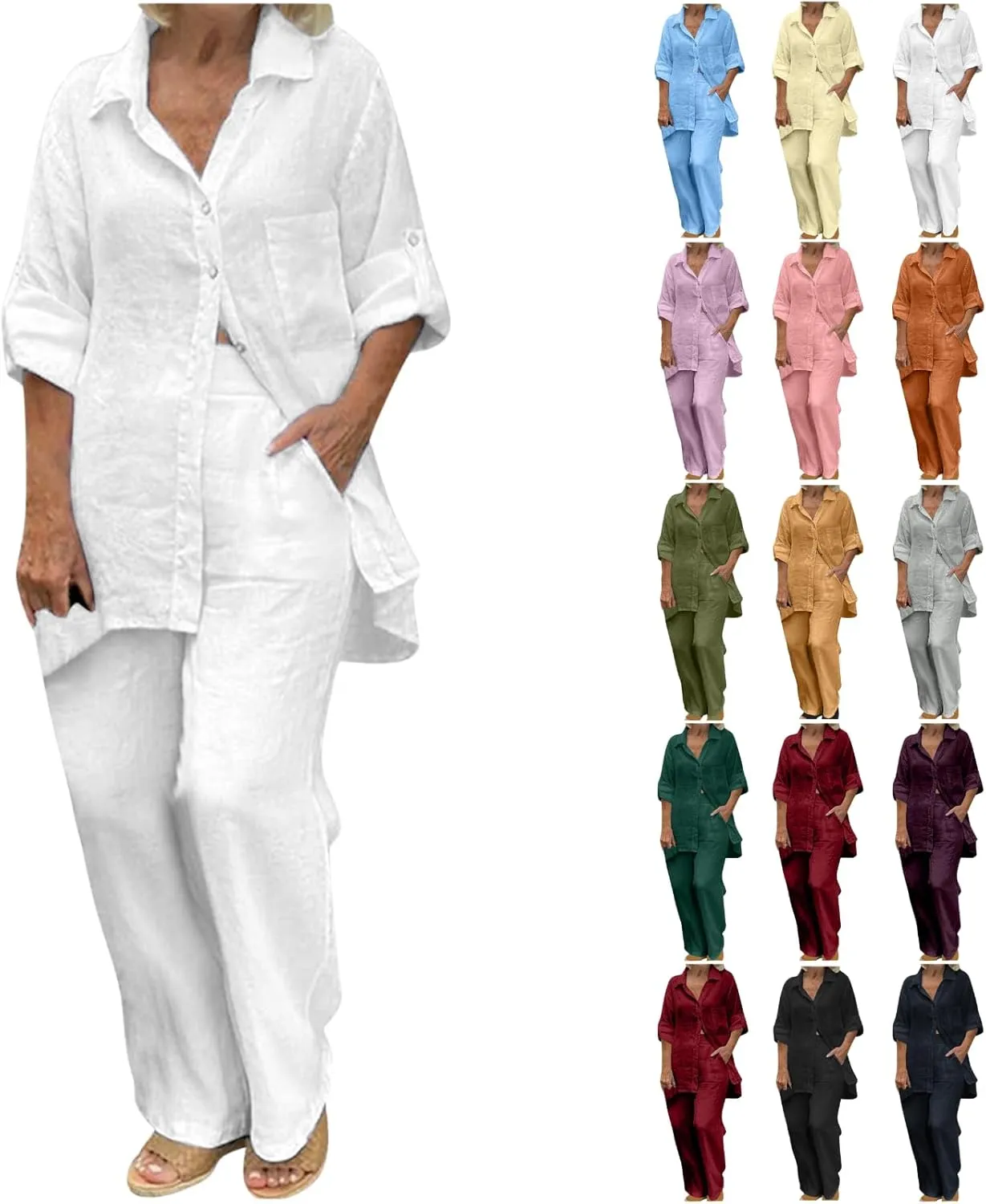 Linen 2 Piece Set Womens Oversize S-5XL Lapel Button Up Long Sleeve Shirts Wide Leg Pants with Pockets Casual Set