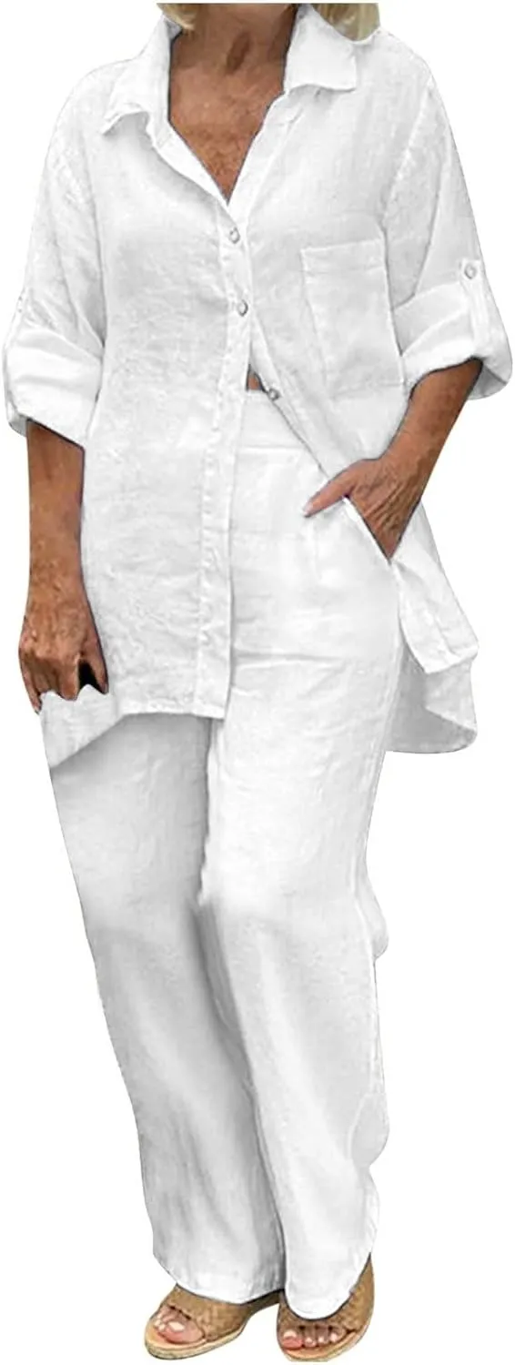 Linen 2 Piece Set Womens Oversize S-5XL Lapel Button Up Long Sleeve Shirts Wide Leg Pants with Pockets Casual Set