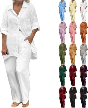 Linen 2 Piece Set Womens Oversize S-5XL Lapel Button Up Long Sleeve Shirts Wide Leg Pants with Pockets Casual Set