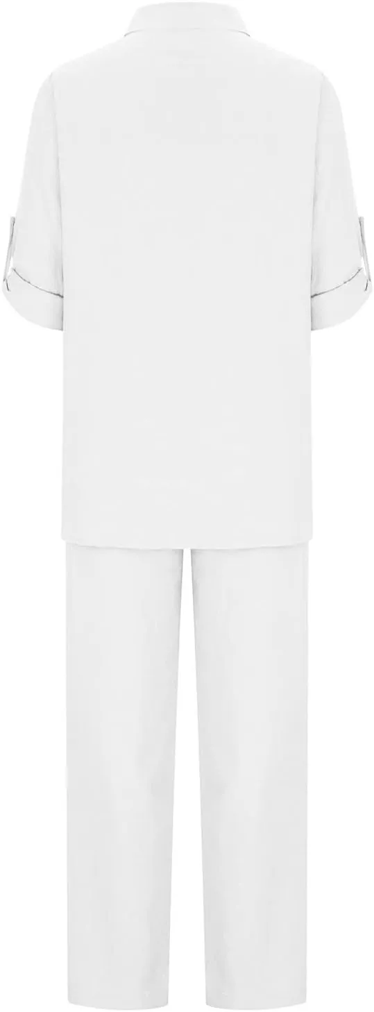 Linen 2 Piece Set Womens Oversize S-5XL Lapel Button Up Long Sleeve Shirts Wide Leg Pants with Pockets Casual Set
