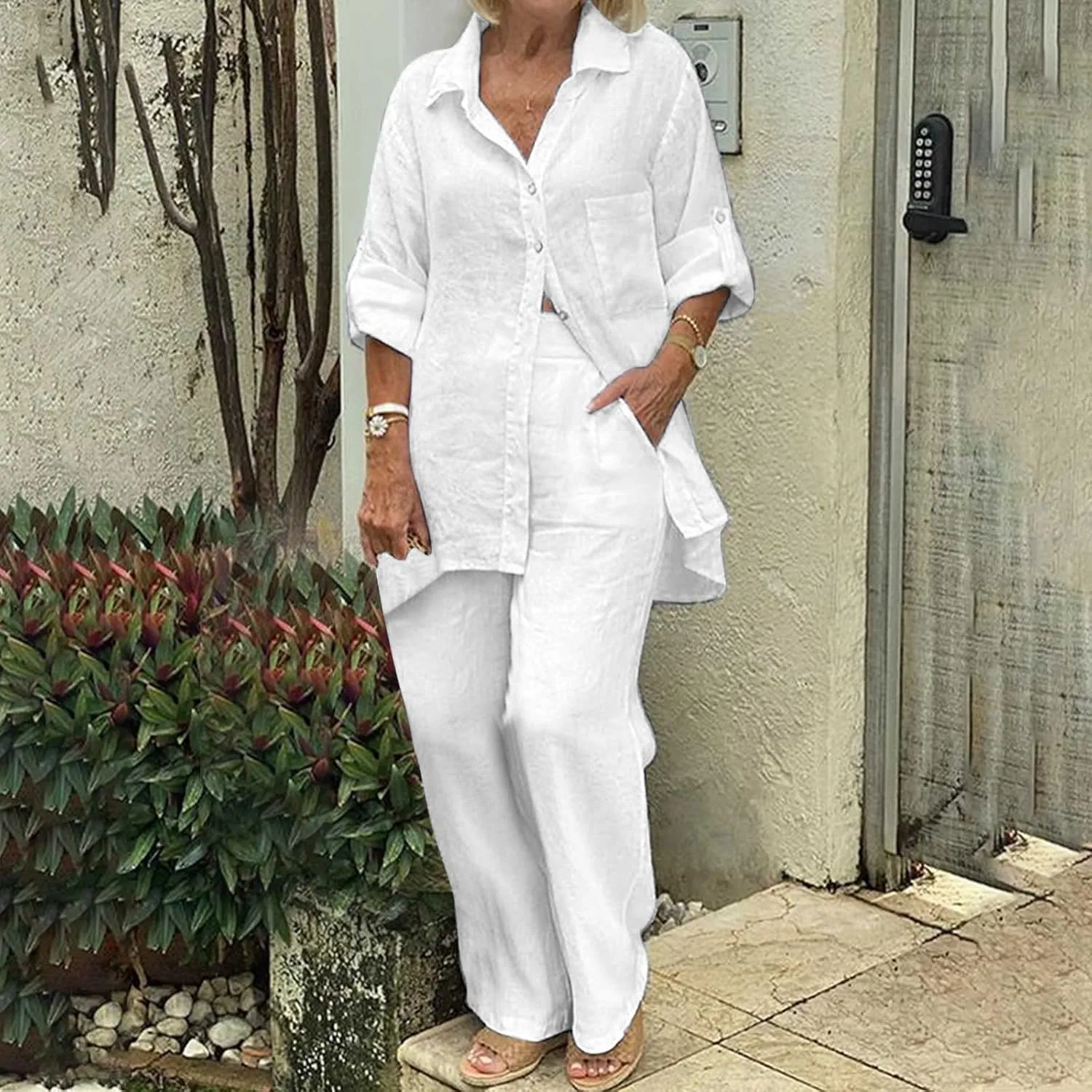 Linen 2 Piece Set Womens Oversize S-5XL Lapel Button Up Long Sleeve Shirts Wide Leg Pants with Pockets Casual Set