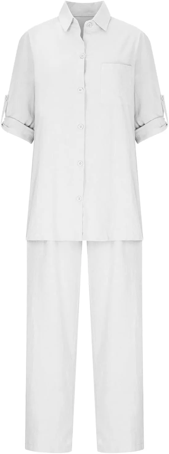 Linen 2 Piece Set Womens Oversize S-5XL Lapel Button Up Long Sleeve Shirts Wide Leg Pants with Pockets Casual Set