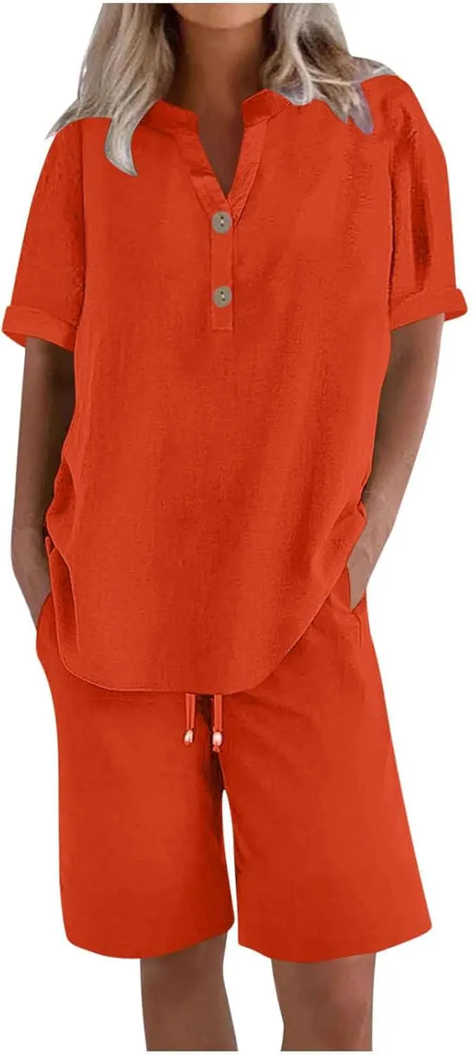 Linen Sets for Women 2 Piece Short Sleeve Shirts & Wide Leg Shorts Loose Fit Casual Cotton Linen Sets Outfits