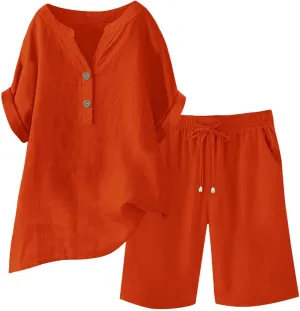 Linen Sets for Women 2 Piece Short Sleeve Shirts & Wide Leg Shorts Loose Fit Casual Cotton Linen Sets Outfits