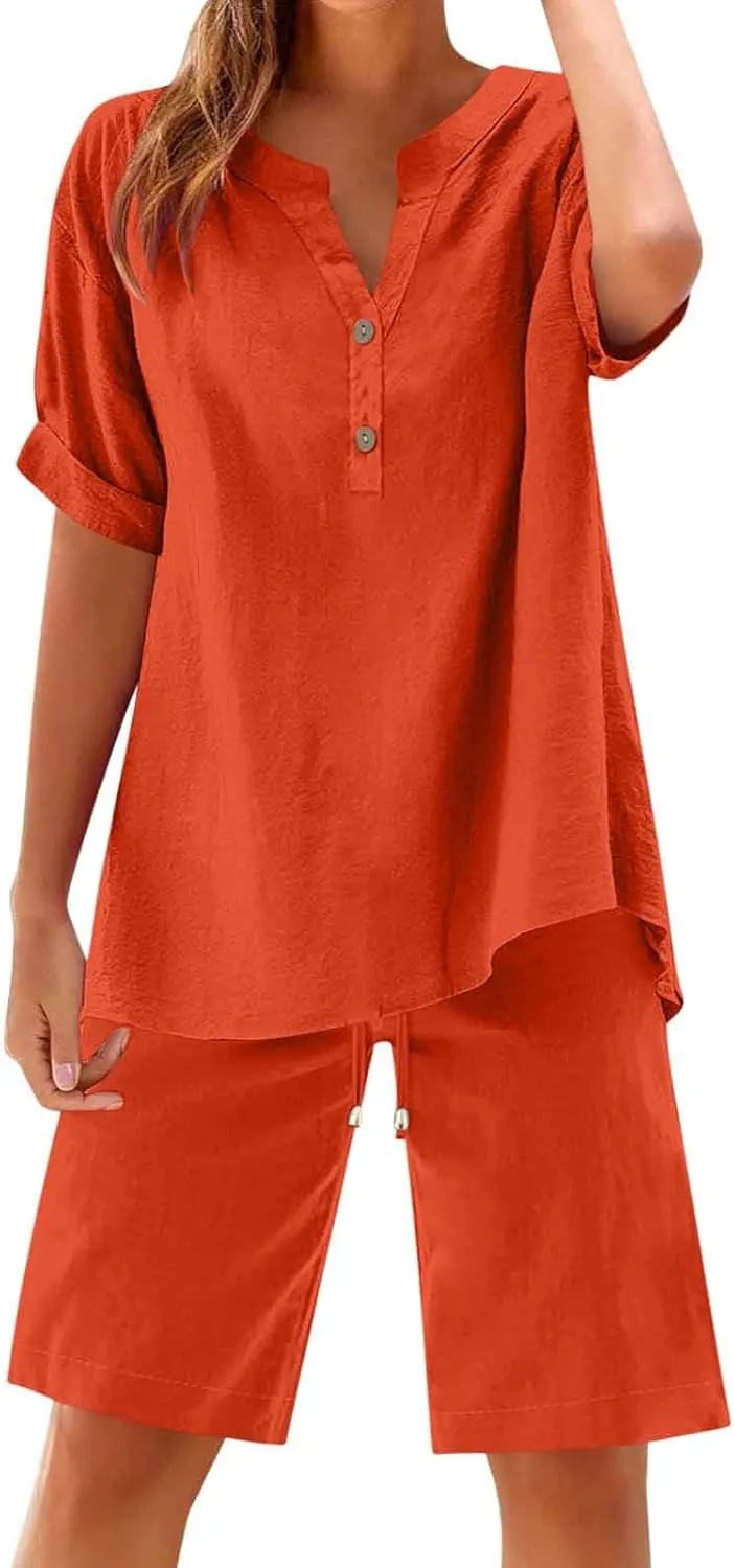 Linen Sets for Women 2 Piece Short Sleeve Shirts & Wide Leg Shorts Loose Fit Casual Cotton Linen Sets Outfits