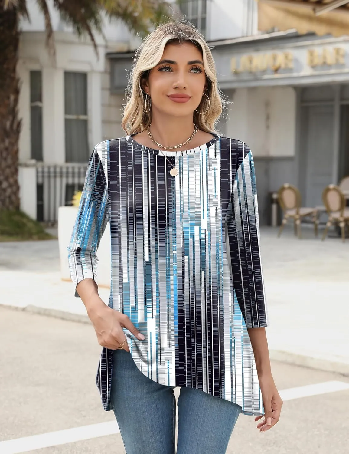 LOMON 3/4 Sleeve Tunic Tops for Women Loose Fit Dressy Casual Blouse Flowy Shirts to Wear with Leggings S-3XL