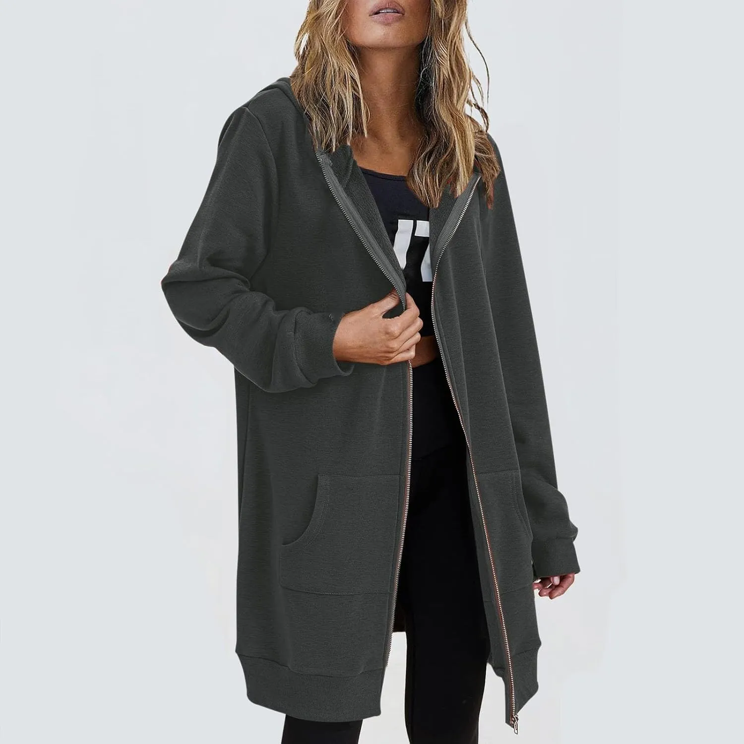 Long Hoodies for Women Zip Up Cotton Plus Size Oversized Hoodie Teen Girls Fleece Fall Sweat Jacket