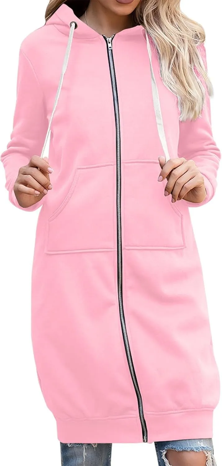 Long Hoodies for Women Zip Up Fleece Jacket Soft Long Sleeve Hooded Oversized Sweatshirt Winter Coat with Pockets