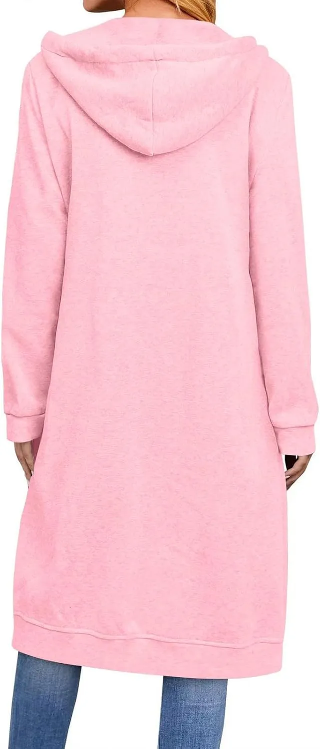 Long Hoodies for Women Zip Up Fleece Jacket Soft Long Sleeve Hooded Oversized Sweatshirt Winter Coat with Pockets